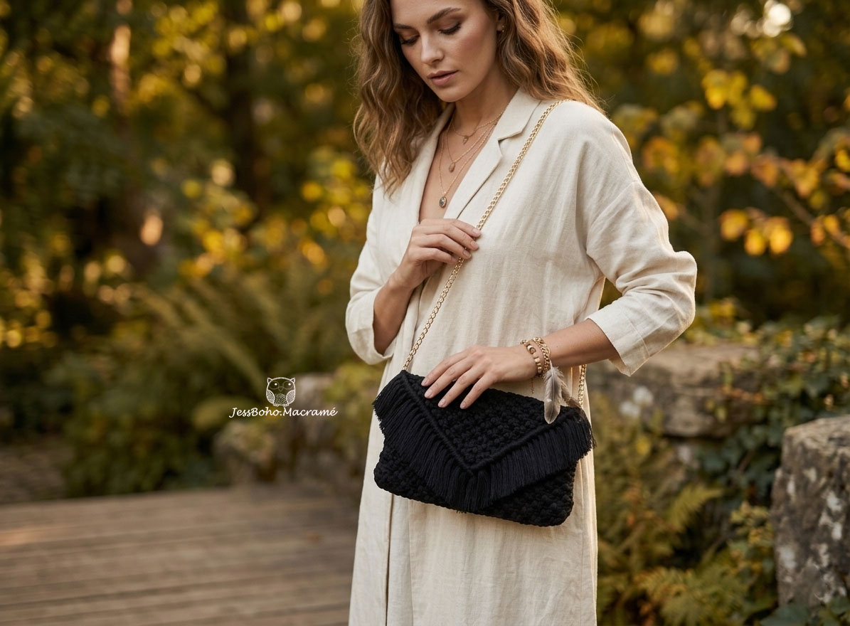Bolso amor al macramé negro.