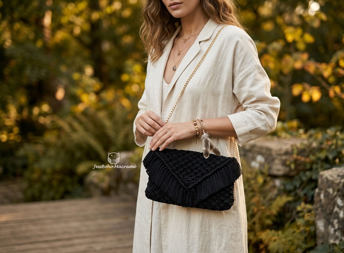 Bolso amor al macramé negro.
