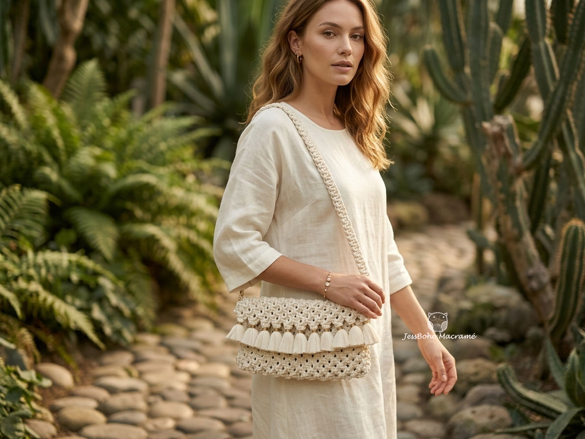 Bolso grande de macramé cisne beige.