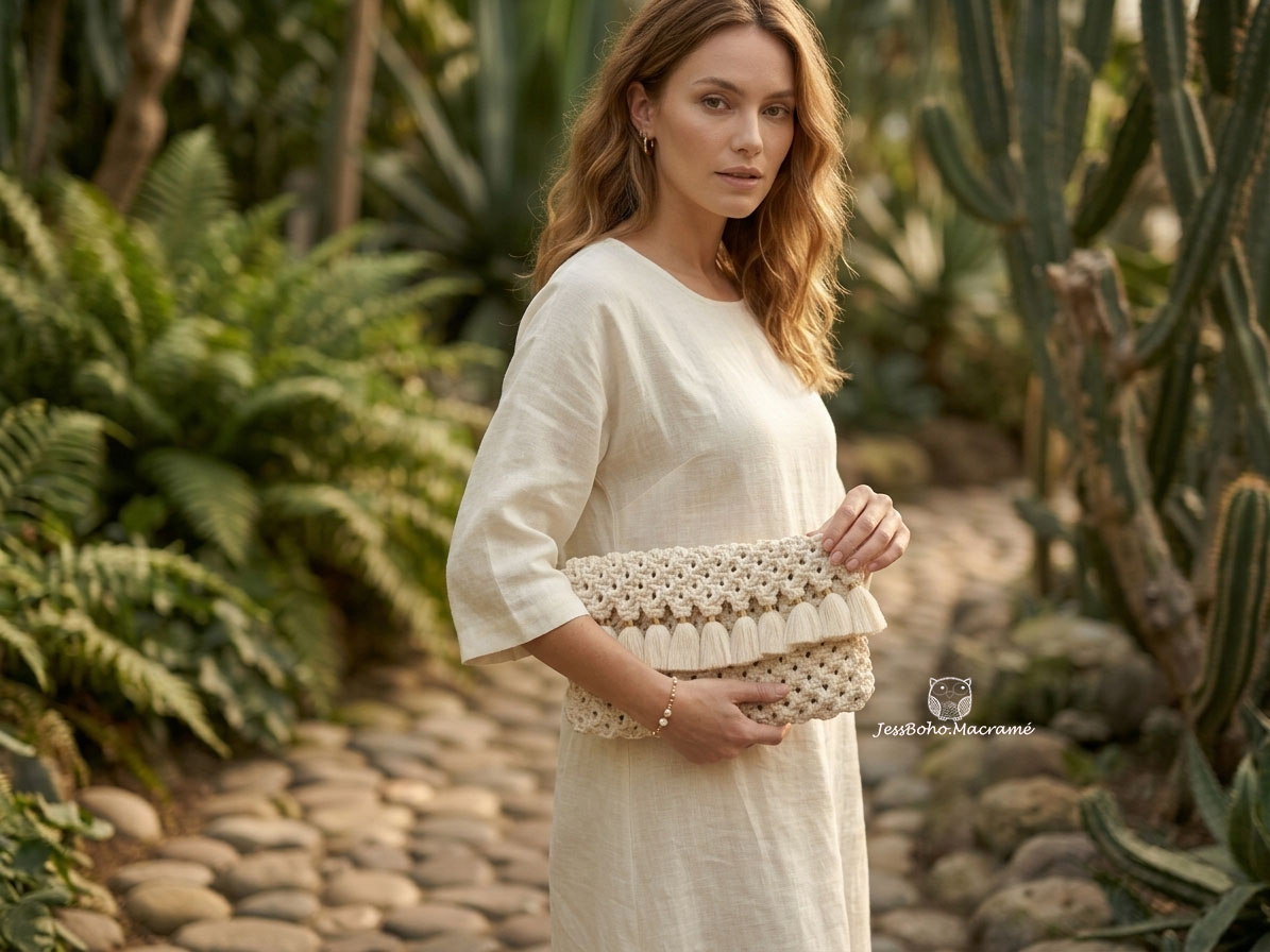 Bolso grande de macramé cisne beige.
