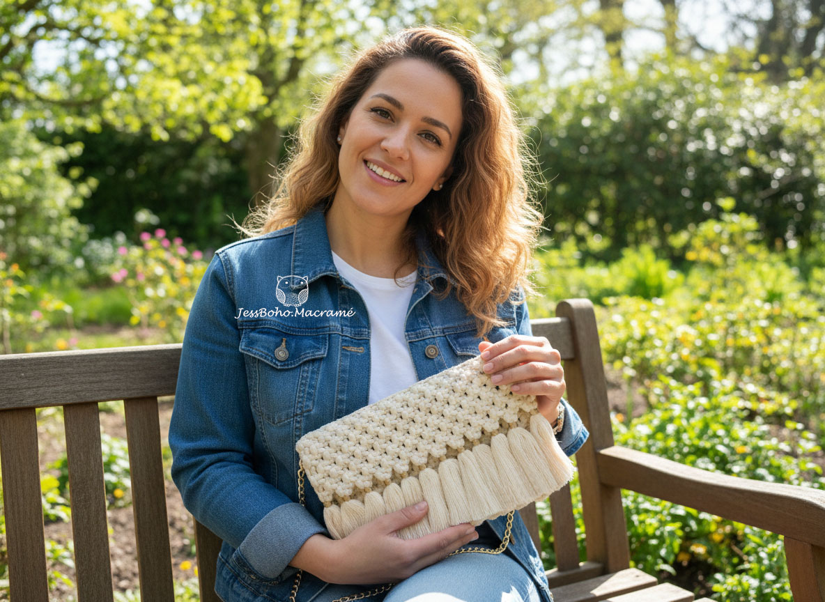 Bolso de macramé cisne beige.