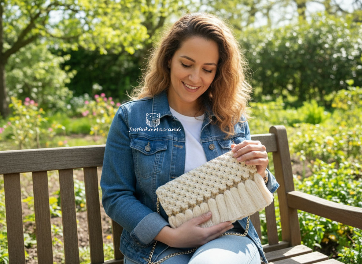 Bolso de macramé cisne beige.