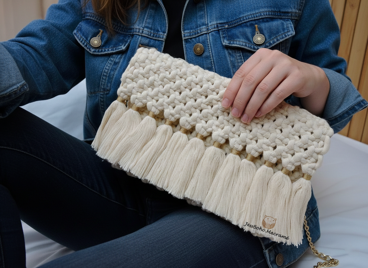 Bolso de macramé cisne beige.