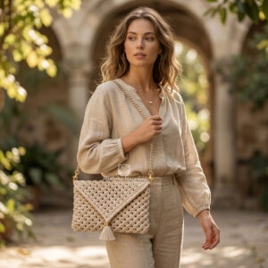 Bolso de macramé plumette beige.