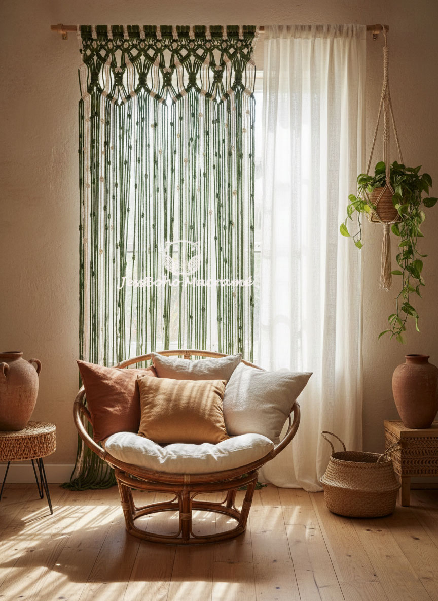 Cortina de macramé Aurora verde.