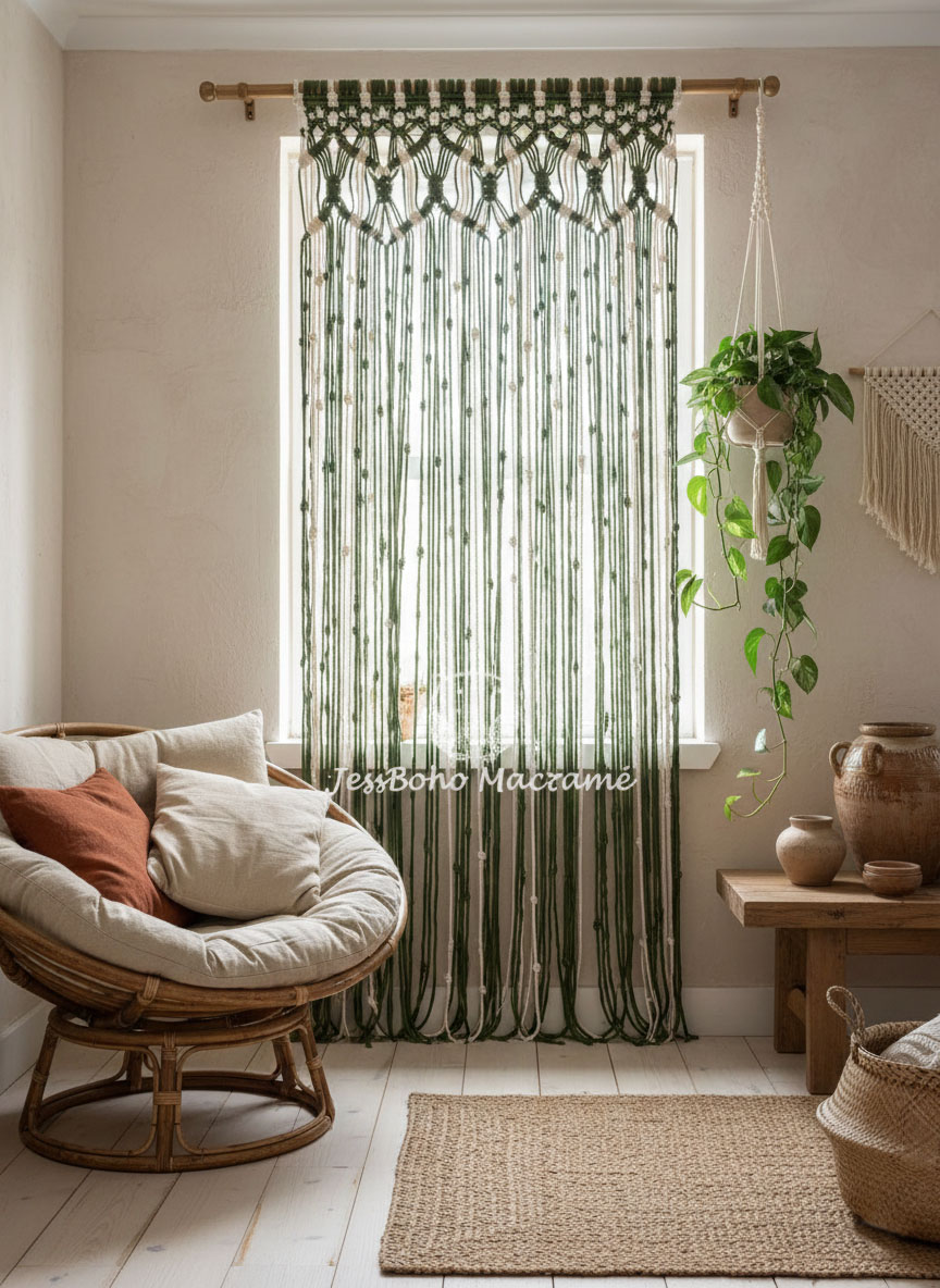 Cortina de macramé Aurora verde.