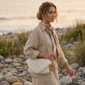 Bolso chico amor al macramé beige.