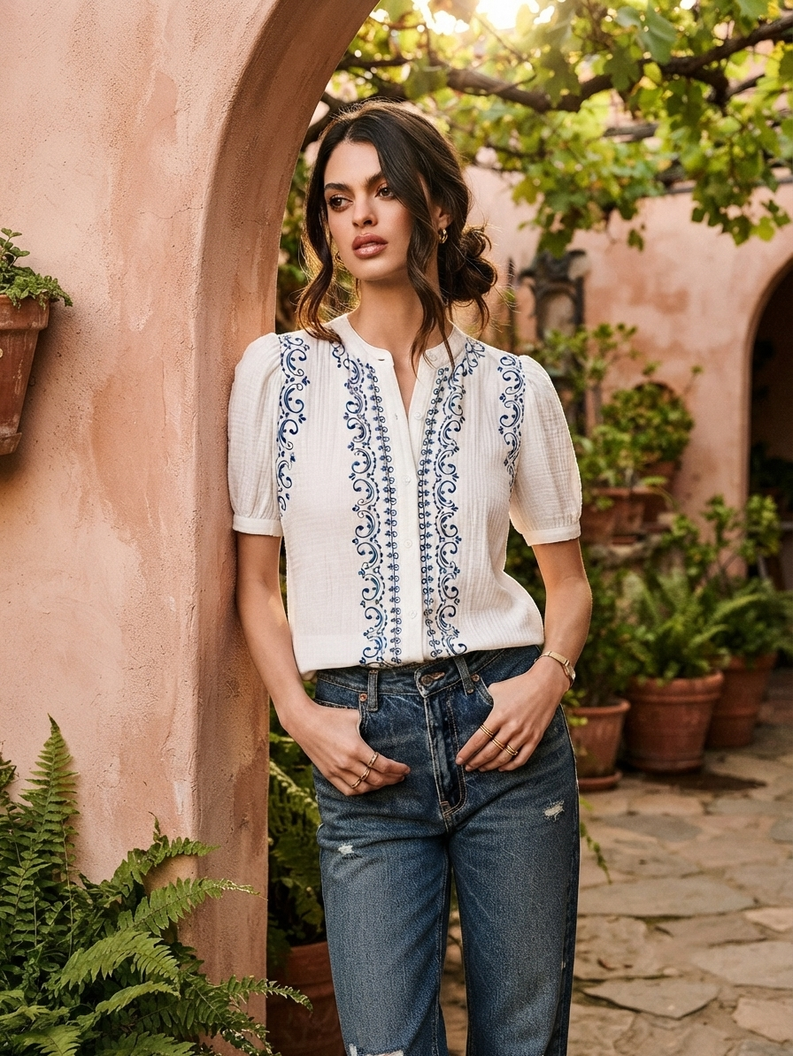 Blusa con estampado tipo bordado.