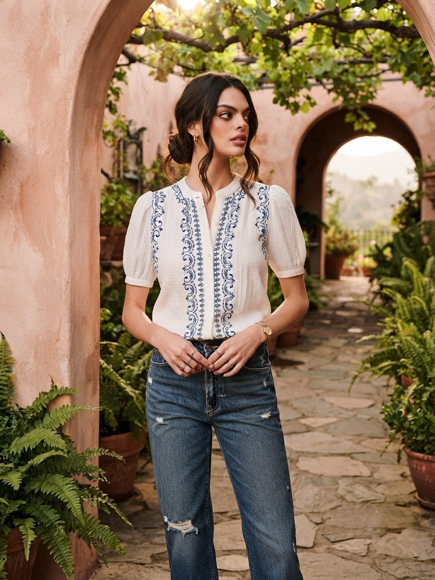 Blusa con estampado tipo bordado.